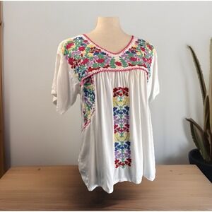 J Marie Floral Embroidered Top S White Multicolor Boho‎ Blouse
